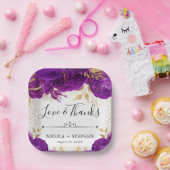 水彩紫と金ゴールド結婚の花 ペーパープレート (パーティー)