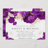 水彩紫と金ゴールド結婚の花 招待状 (正面/裏面)