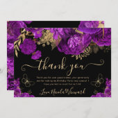 水彩紫と金ゴールド花誕生日 サンキューカード (正面/裏面)