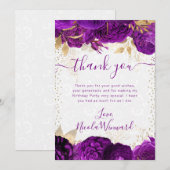 水彩紫と金ゴールド花誕生日 サンキューカード (正面/裏面)