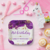 水彩紫と金ゴールド花誕生日 ペーパープレート (パーティー)