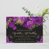 水彩紫と金ゴールド花21歳の誕生日 招待状 (スタンド正面)