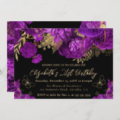 水彩紫と金ゴールド花21歳の誕生日 招待状 (正面/裏面)