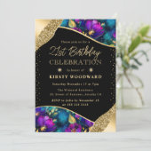 水彩紫と金ゴールド花21歳の誕生日 招待状 (スタンド正面)