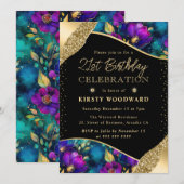 水彩紫と金ゴールド花21歳の誕生日 招待状 (正面/裏面)
