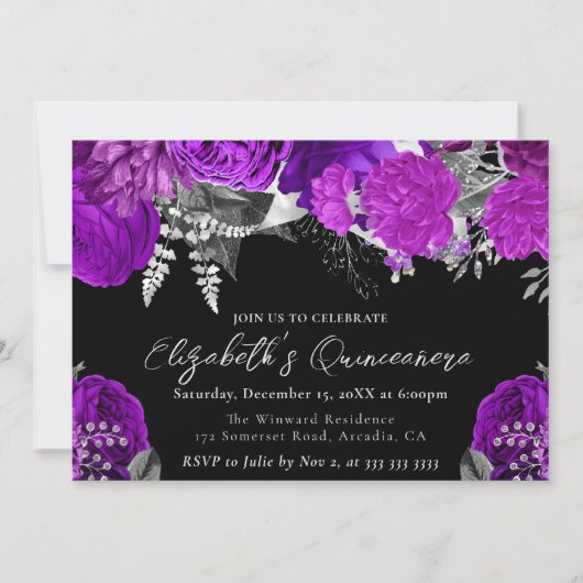 水彩紫と銀のバラキンセアニェラ 招待状 (正面)