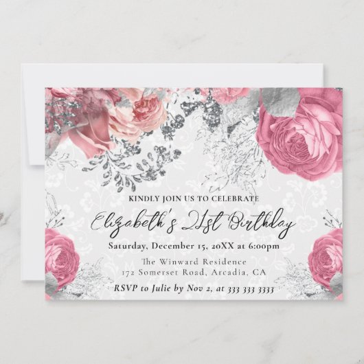 水彩紫と銀のバラ21日 招待状 (正面)