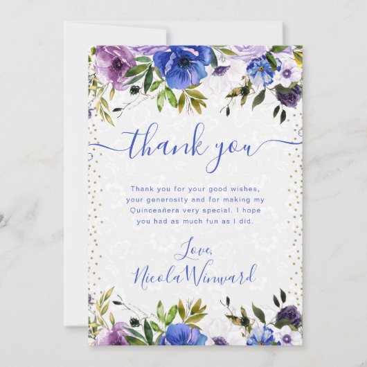 水彩紫と青の花キンセアニェラ サンキューカード (正面)