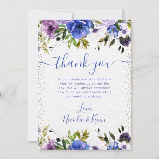 水彩紫と青結婚の花 サンキューカード (正面)