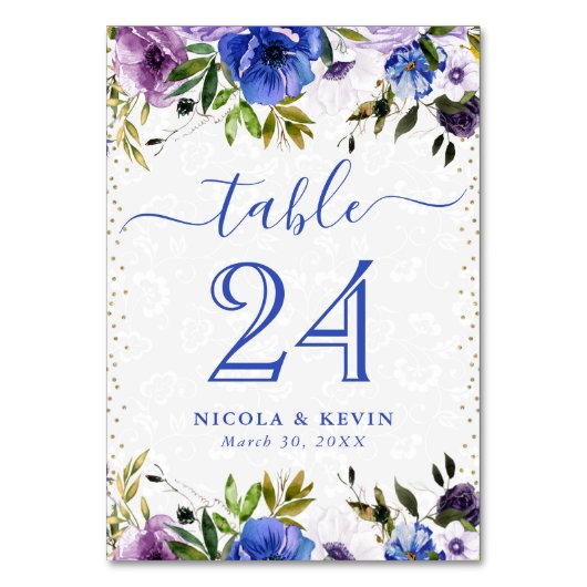 水彩紫と青結婚の花 テーブルナンバー (正面)