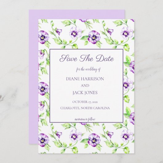 水彩紫のスミレ日付を保存 招待状 (正面/裏面)