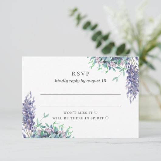 水彩紫のフローラ結婚の。ラベンダーの花 出欠カード (スタンド正面)