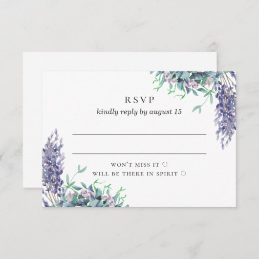 水彩紫のフローラ結婚の。ラベンダーの花 出欠カード (正面/裏面)