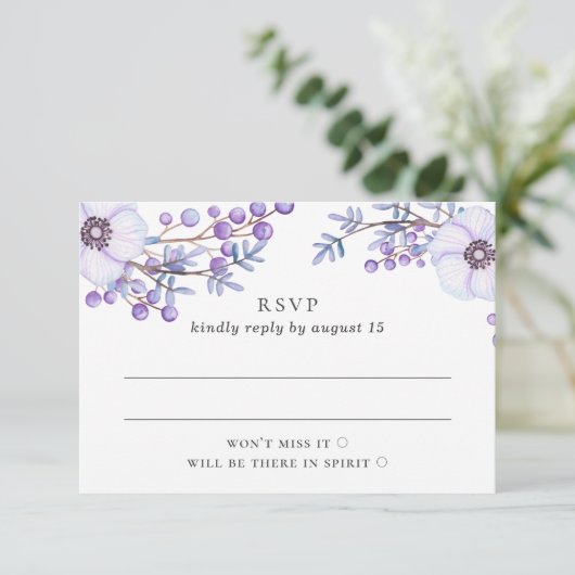 水彩紫のフローラ結婚の。薄紫植物 出欠カード (スタンド正面)