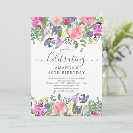 水彩紫のフローラ誕生会 招待状 (スタンド正面)