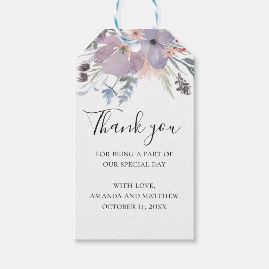 水彩紫の素朴なフローラ結婚の感謝していあなた ギフトタグ (正面)
