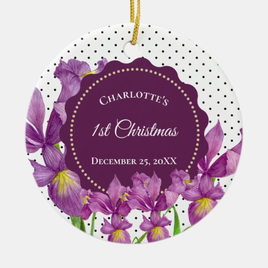 水彩紫アイリス植物水玉模様 セラミックオーナメント (正面)