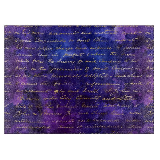 水彩紫インクパターンと金ゴールドスクリプト カッティングボード (正面)