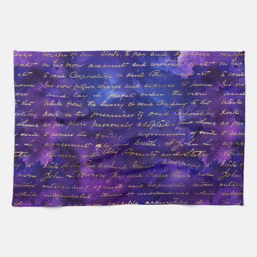 水彩紫インクパターンと金ゴールドスクリプト キッチンタオル (横)