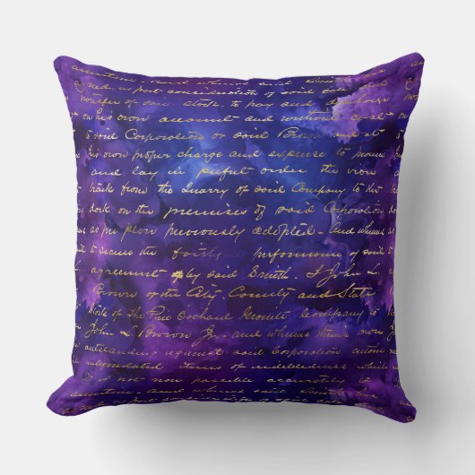 水彩紫インクパターンと金ゴールドスクリプト クッション (正面)