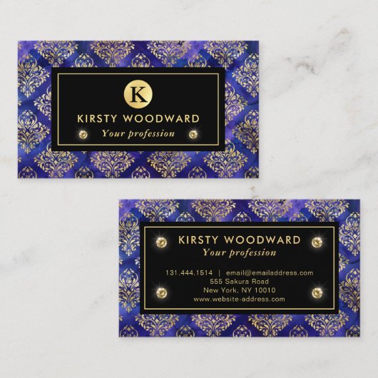 水彩紫インクパターン金ゴールドダマスク 名刺 (正面/裏面)