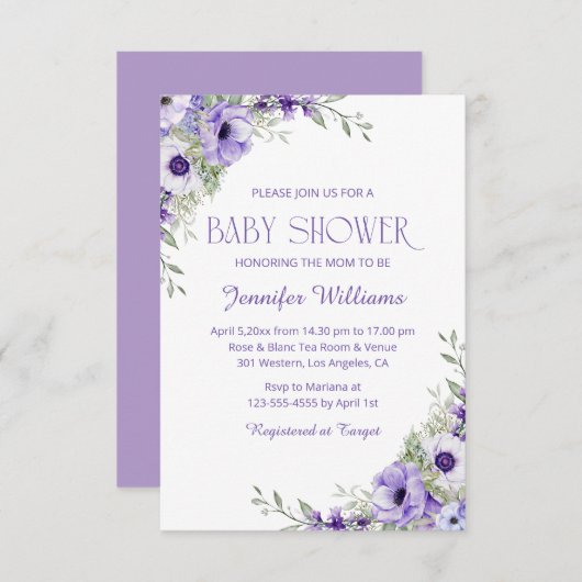 水彩紫エレガント花ガール赤ちゃんシャワー 招待状 (正面/裏面)