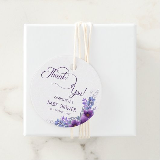 水彩紫エレガント花赤ちゃんシャワー フェイバータグ (インサイチュ)