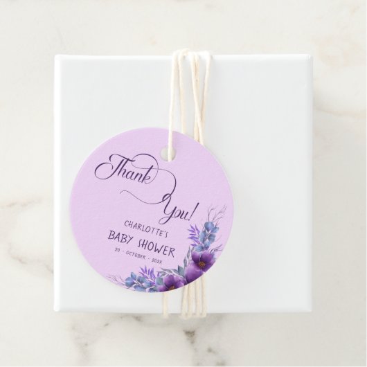 水彩紫エレガント花赤ちゃんシャワー フェイバータグ (インサイチュ)