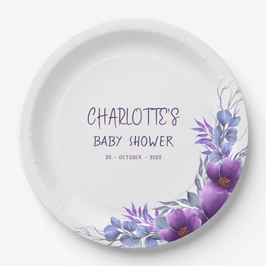 水彩紫エレガント花赤ちゃんシャワー ペーパープレート (正面)