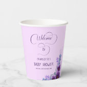 水彩紫エレガント花赤ちゃんシャワー 紙コップ (裏面)