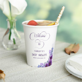 水彩紫エレガント花赤ちゃんシャワー 紙コップ