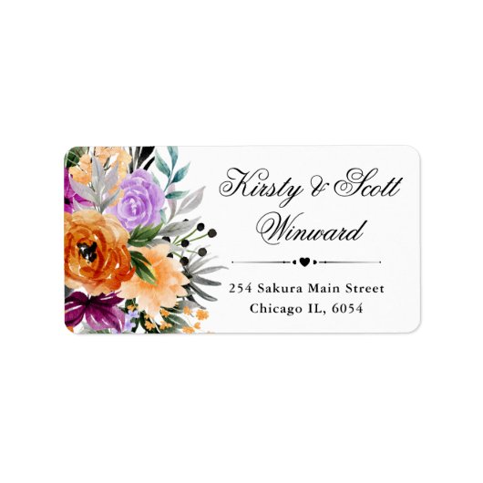 水彩紫オレンジブラック結婚花 ラベル (正面)