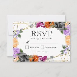 水彩紫オレンジブラック結婚花 出欠カード