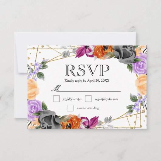 水彩紫オレンジブラック結婚花 出欠カード (正面)