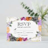 水彩紫オレンジブラック結婚花 出欠カード (スタンド正面)