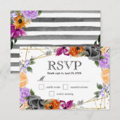 水彩紫オレンジブラック結婚花 出欠カード (正面/裏面)