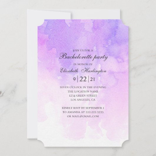 水彩紫バチェロレッテ。ラベンダー 招待状 (正面)