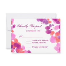 水彩紫ピンクサンゴ婚礼出欠届けカード