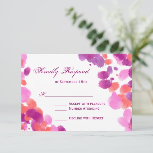 水彩紫ピンクサンゴ婚礼出欠届けカード 出欠カード (スタンド正面)