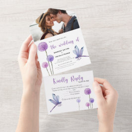 水彩紫フローラすべて1つの結婚式の招待 オールインワン招待状