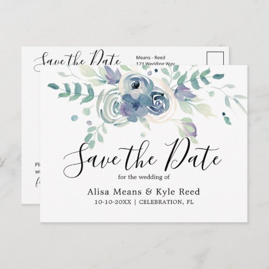 水彩紫フローラ保存日 案内ポストカード (正面/裏面)