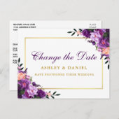 水彩紫フローラ金ゴールドの日付変更 ポストカード (正面/裏面)