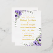 水彩紫フローラ金ゴールド結婚書 箔招待状ポストカード (正面/裏面)