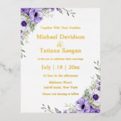 水彩紫フローラ金ゴールド結婚書 箔招待状ポストカード (正面)