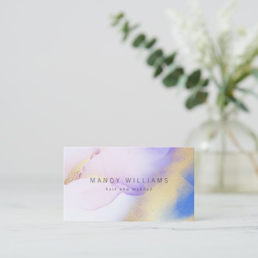 水彩紫モダンインク金ゴールド抽象芸術大理石 名刺 (スタンド正面)