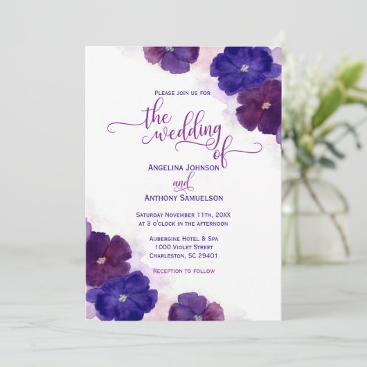 水彩紫梅青王室のフローラ結婚ズ 招待状 (スタンド正面)