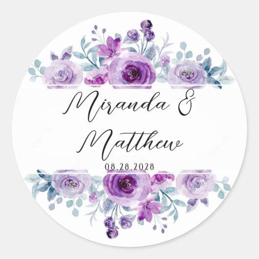 水彩紫牡丹カスタムウェディング ラウンドシール (正面)