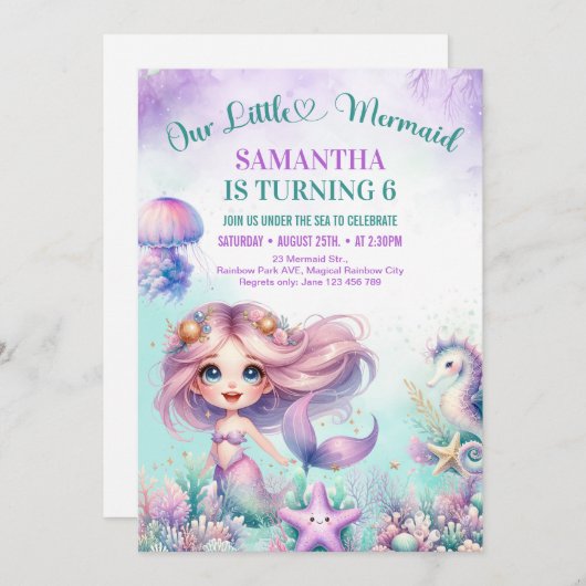 水彩紫色かわいい人魚1st誕生日ガール 招待状 (正面/裏面)