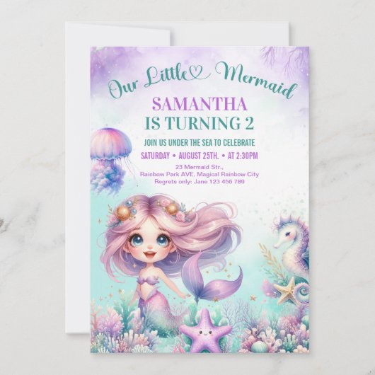 水彩紫色かわいい人魚2歳の誕生日ガール 招待状 (正面)