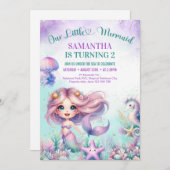 水彩紫色かわいい人魚2nd誕生日ガール 招待状 (正面/裏面)